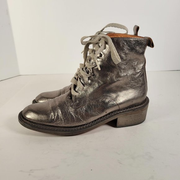 SPACE Styled in France Metallic Taupe Leather Combat Boot Women Sz 6.5 - Picture 4 of 14